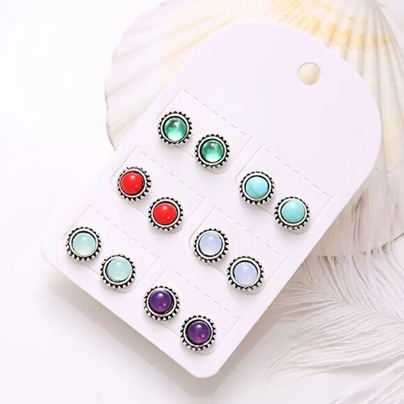6 Pairs Colorful Round Gemstone Silver Stud Earrings Set Minimalist Classic New - Picture 1 of 6